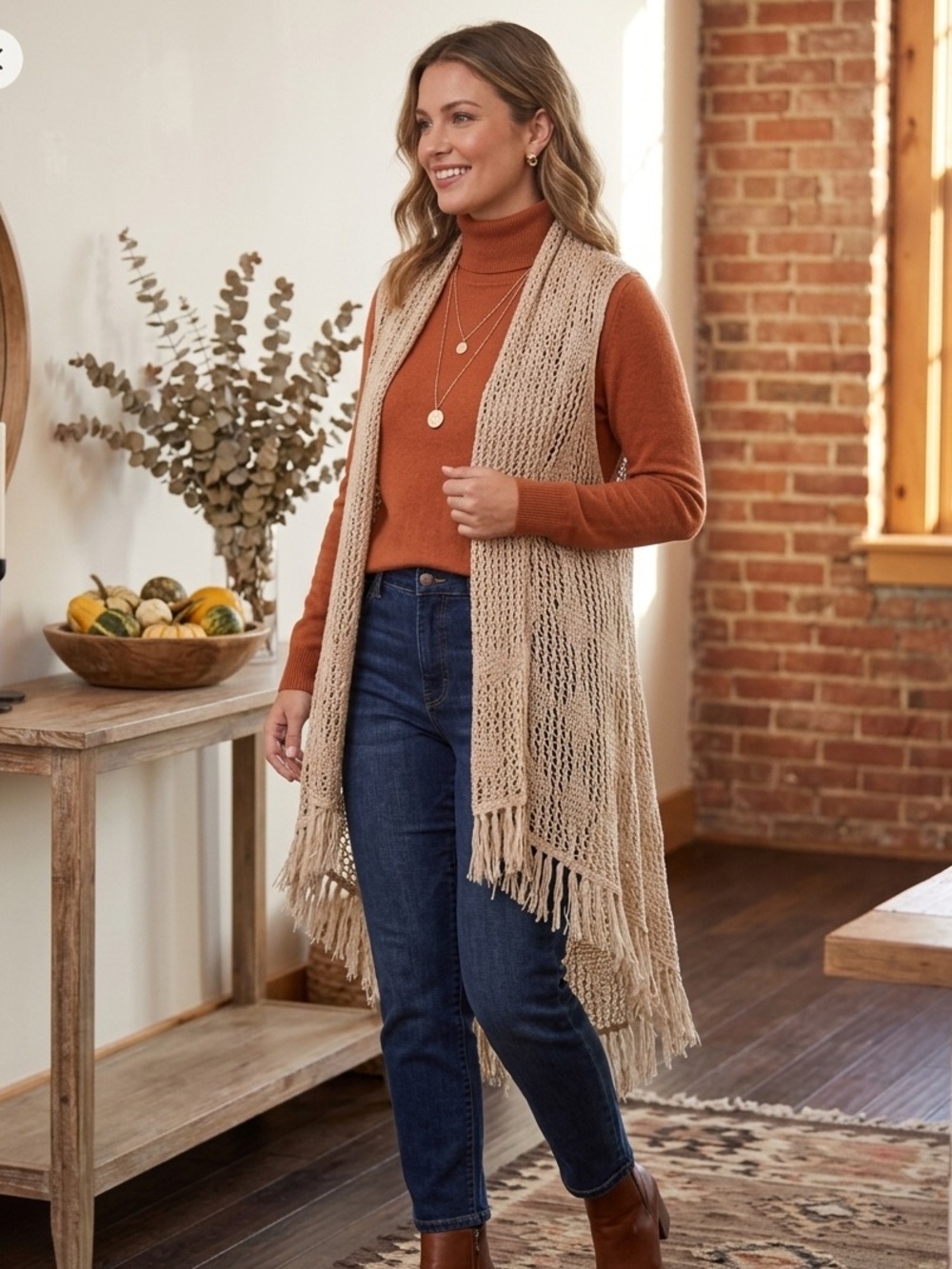Open-Knit Fringe Crochet Vest in Beige women Large boutique